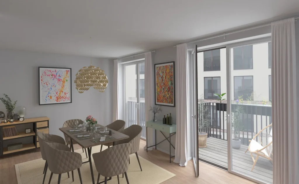 Modernes Wohnzimmer in den Dornburger Flats, Jena, mit bodentiefen Fenstern und Zugang zu einem Balkon