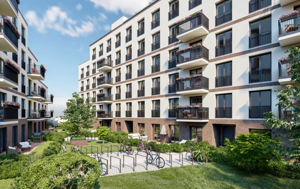 Innenhofansicht der Dornburger Flats in Jena, mit modernen Eigentumswohnungen und begrünten Außenanlagen