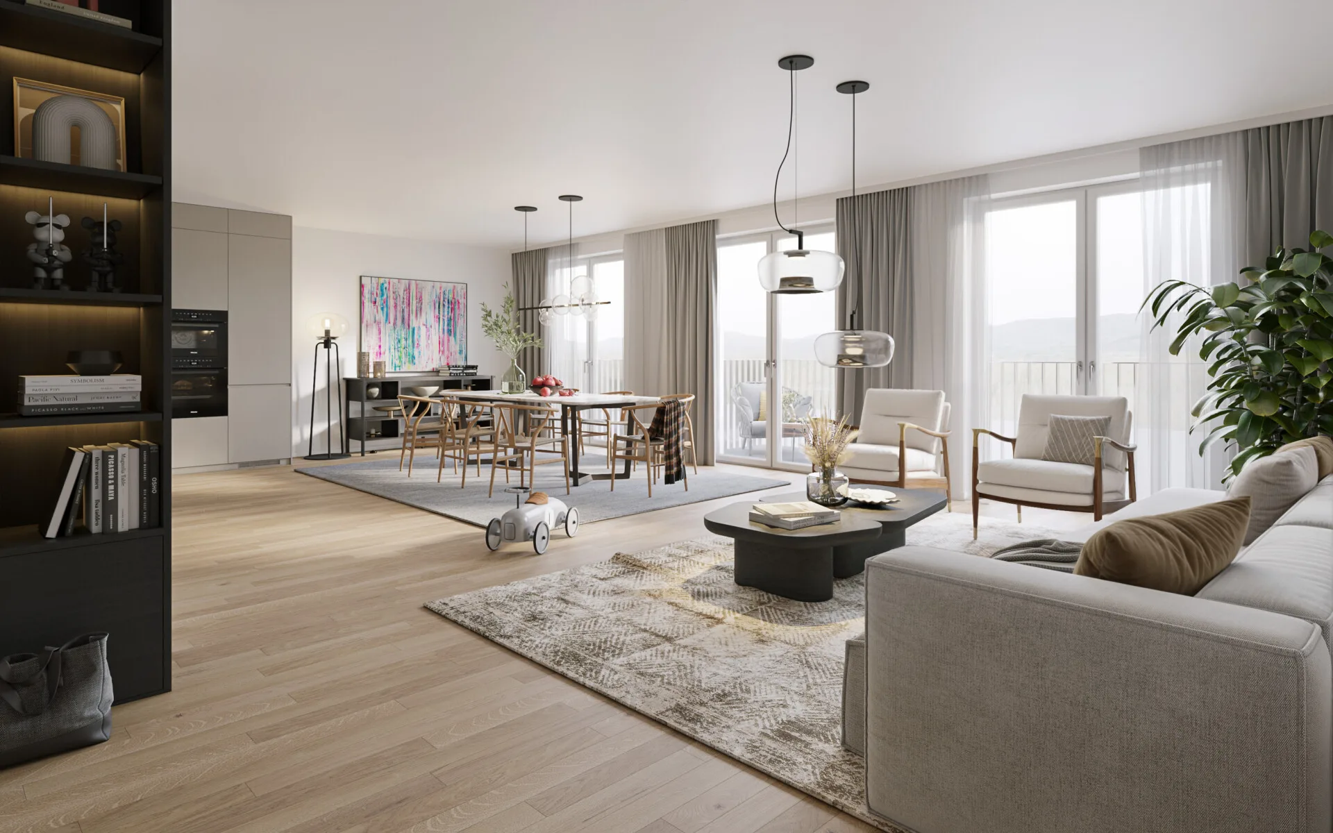 Stilvolles Wohnzimmer mit offenem Design in den Dornburger Flats, Jena, mit großen Fenstern und viel Tageslicht